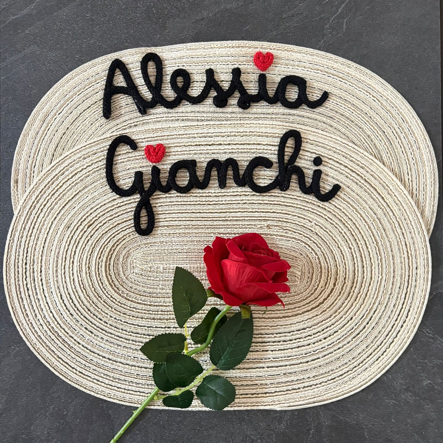 Idea Regalo Tovaglietta Personalizzata con Nome in Tricotin tovagliette personalizzate cotone BEIGE ovale