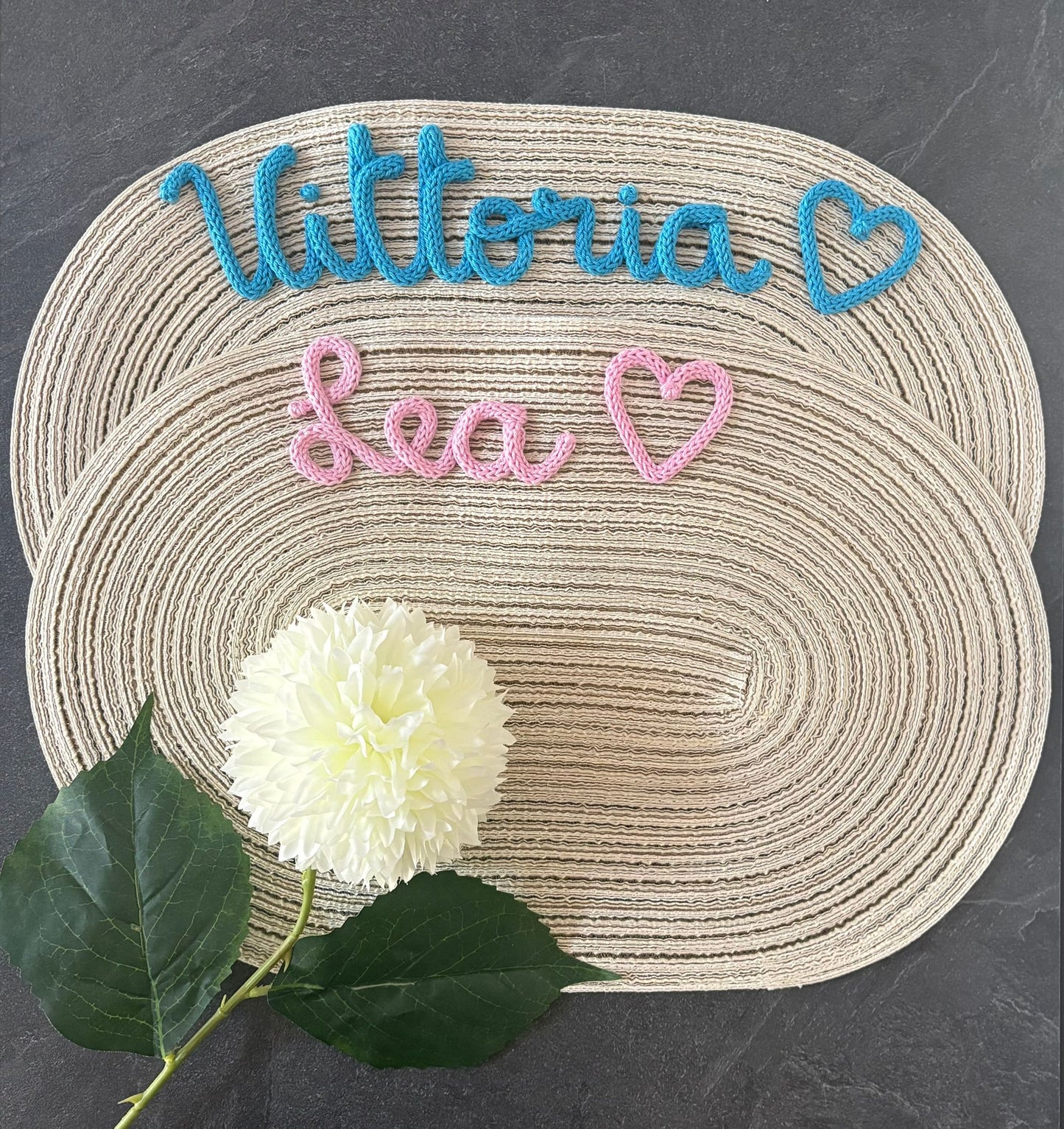 Idea Regalo Tovaglietta Personalizzata con Nome in Tricotin tovagliette personalizzate cotone BEIGE ovale