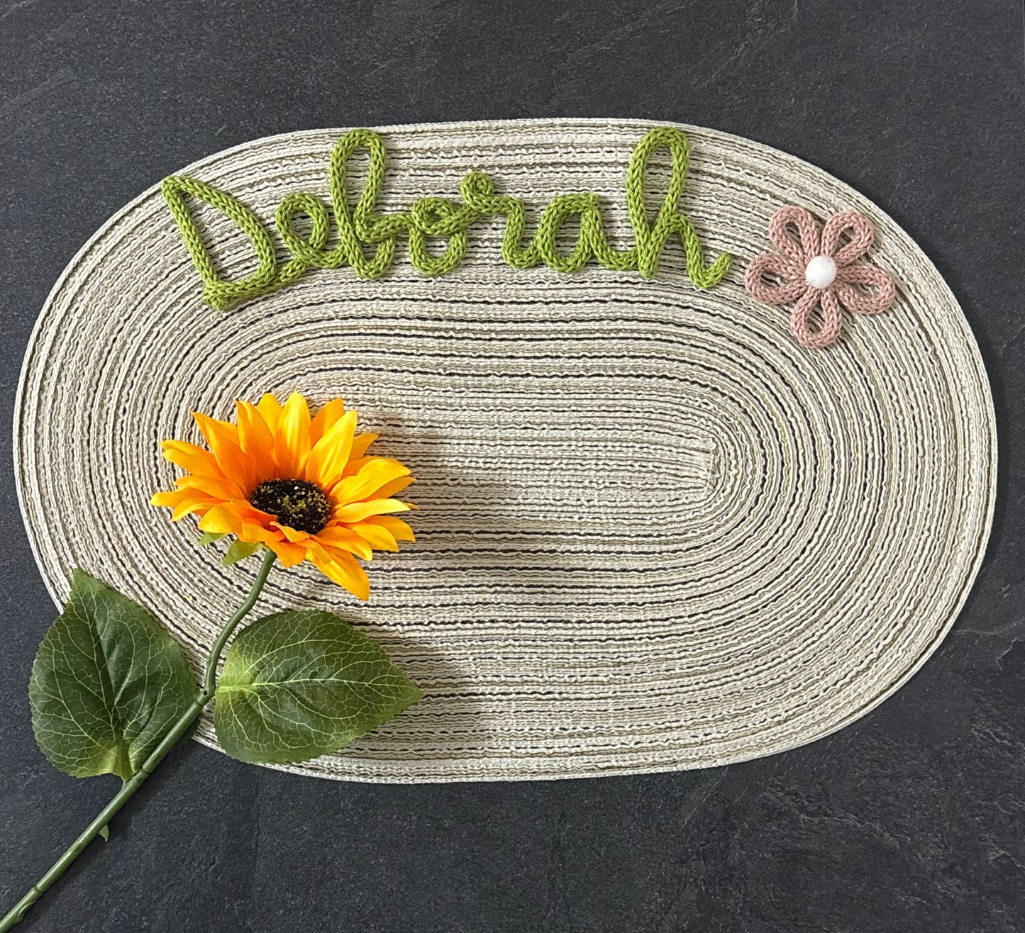 Idea Regalo Tovaglietta Personalizzata con Nome in Tricotin tovagliette personalizzate cotone BEIGE ovale