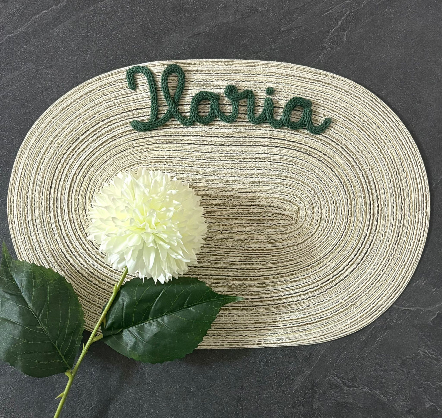 Idea Regalo Tovaglietta Personalizzata con Nome in Tricotin tovagliette personalizzate cotone BEIGE ovale