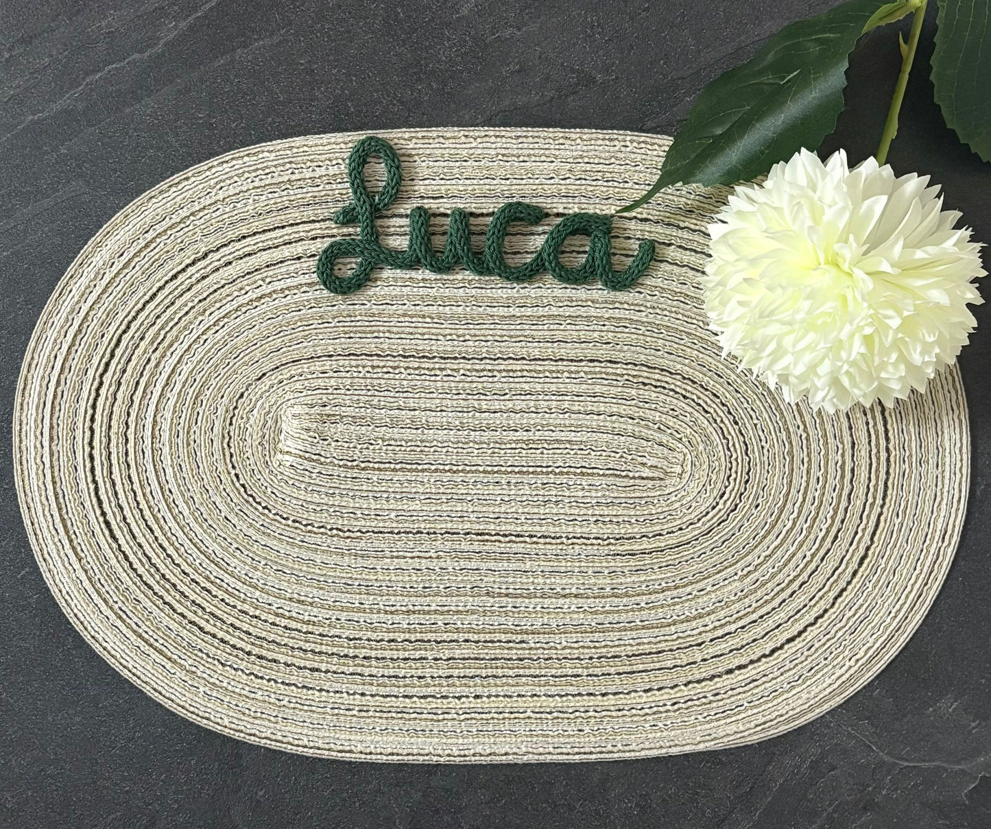 Idea Regalo Tovaglietta Personalizzata con Nome in Tricotin tovagliette personalizzate cotone BEIGE ovale