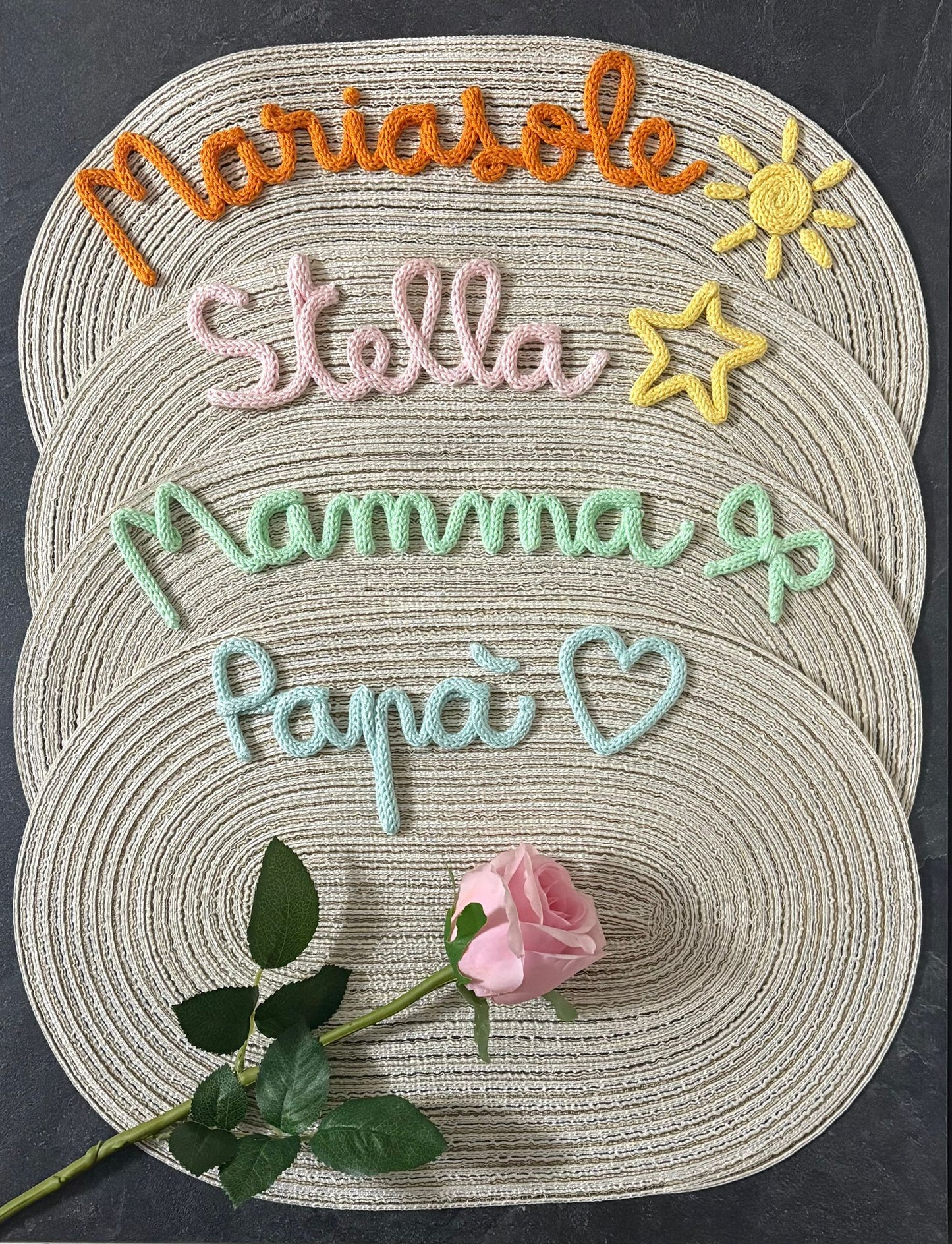 Idea Regalo Tovaglietta Personalizzata con Nome in Tricotin tovagliette personalizzate cotone BEIGE ovale