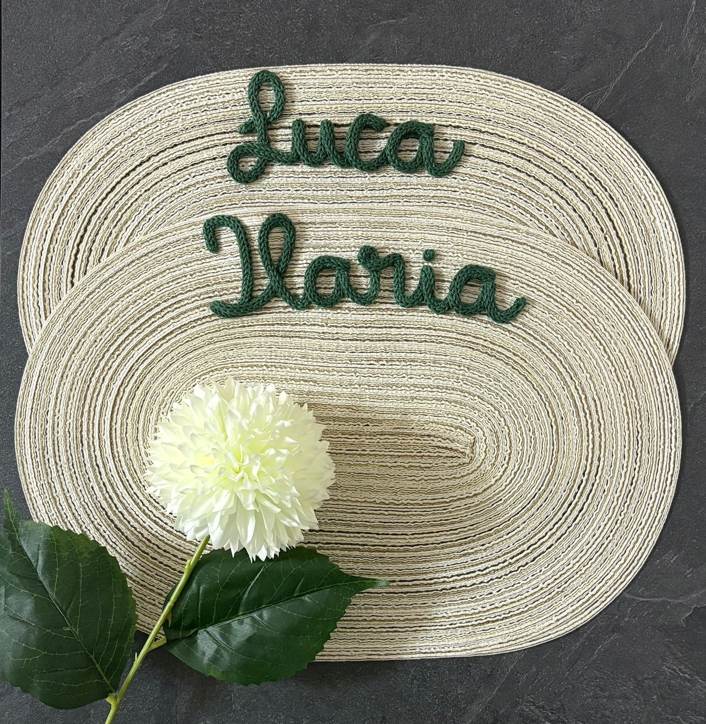 Idea Regalo Tovaglietta Personalizzata con Nome in Tricotin tovagliette personalizzate cotone BEIGE ovale