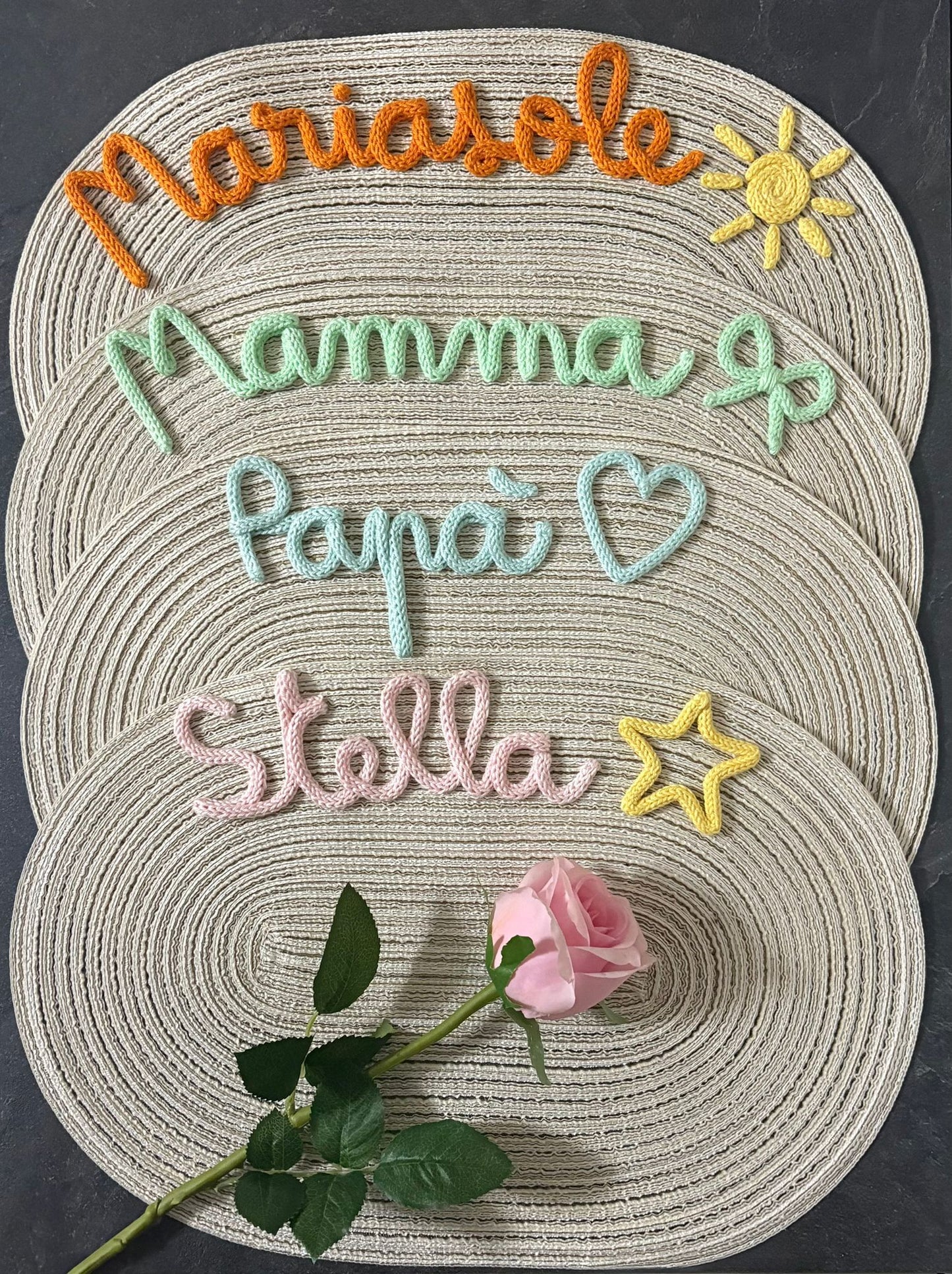 Idea Regalo Tovaglietta Personalizzata con Nome in Tricotin tovagliette personalizzate cotone BEIGE ovale