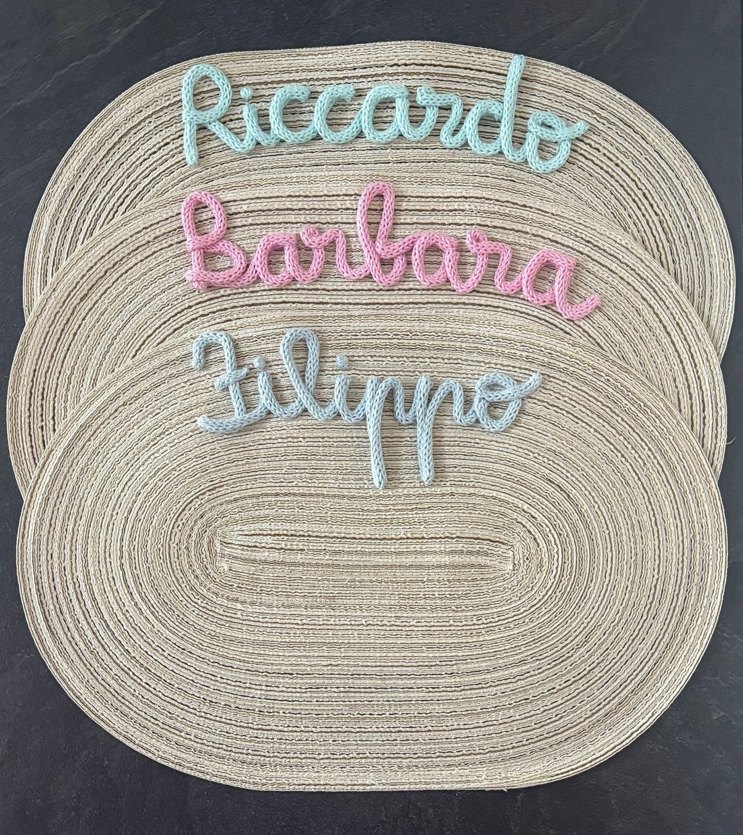 Idea Regalo Tovaglietta Personalizzata con Nome in Tricotin tovagliette personalizzate cotone BEIGE ovale